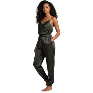 Skies Are Blue Black Satin Jumpsuit Jogger V-Neck Sleeveless Cargo Pocket Size S